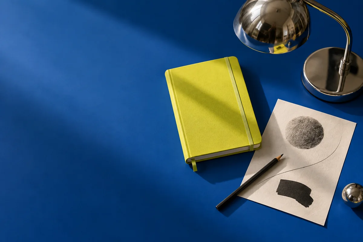 Editorial still life of a yellow notebook, pencil and chrome lamp on a blue desk